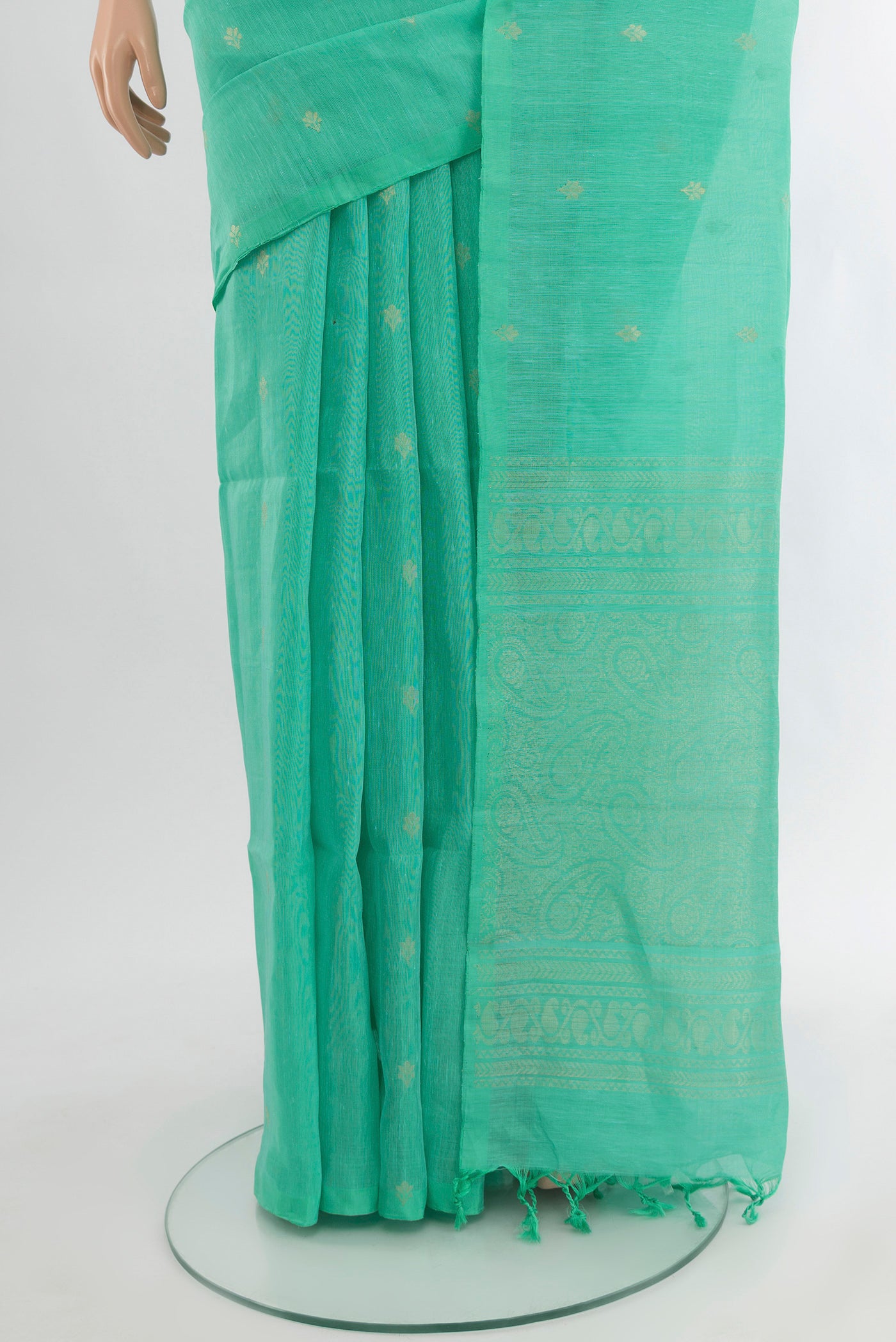 Pleats and pallu of Sky Blue Soft Silk Saree with Zari Butta on the body and Silk Border. 