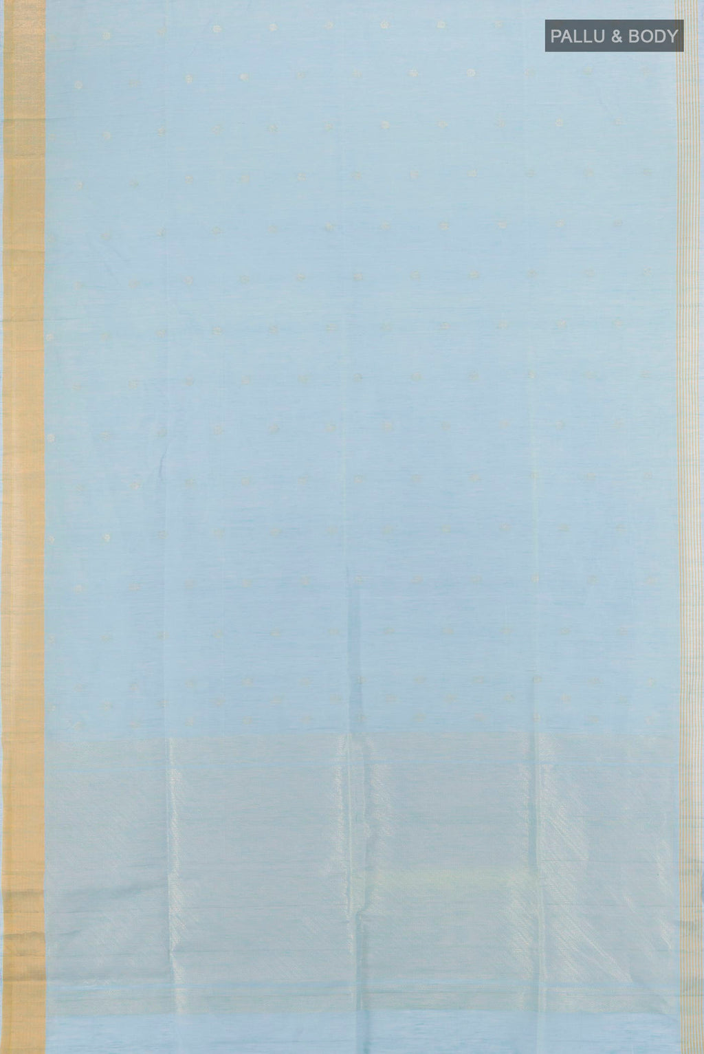 Flat view of Sky Blue Soft Silk Saree with Zari Butta on the body and Zari Border. 