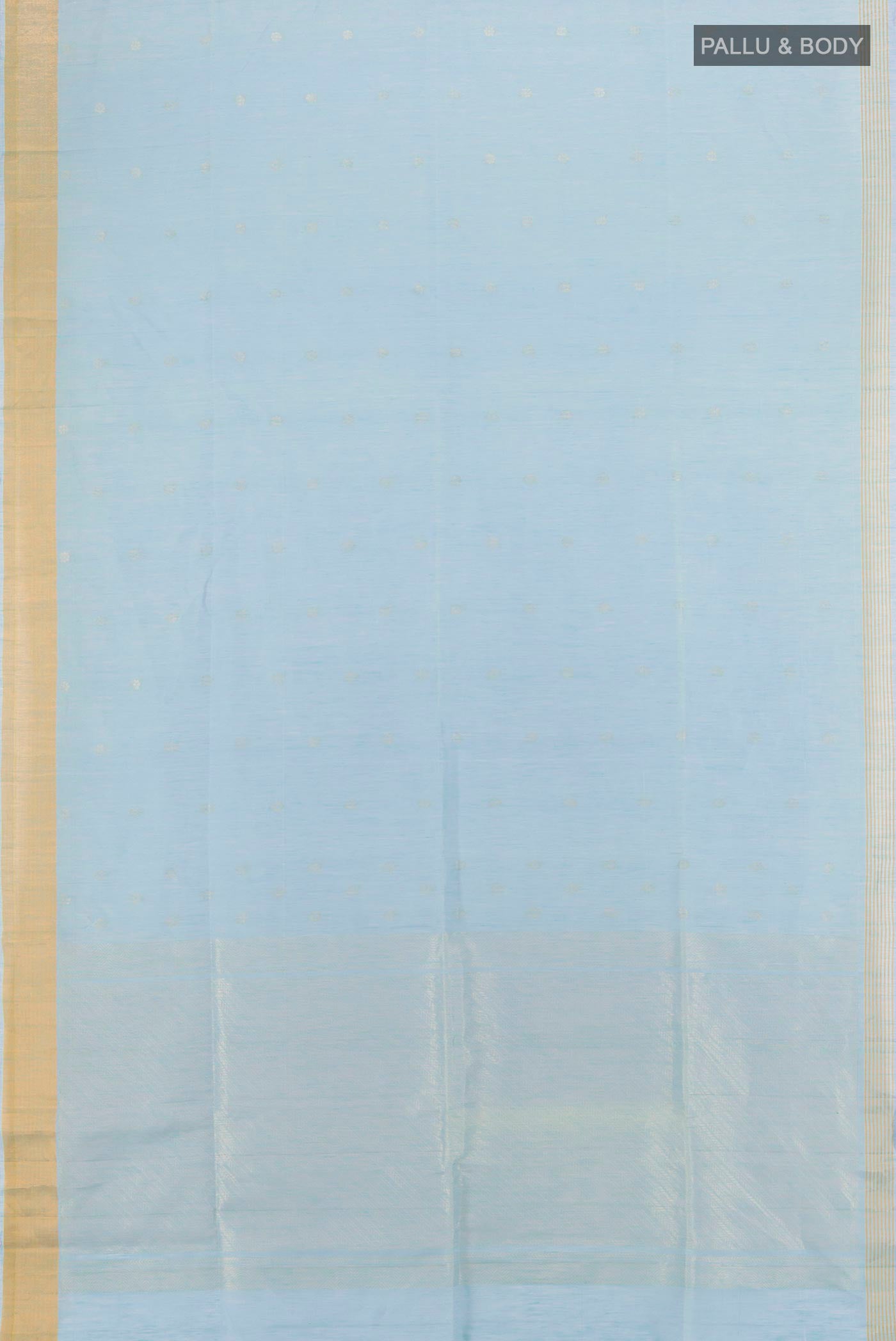 Flat view of Sky Blue Soft Silk Saree with Zari Butta on the body and Zari Border. 