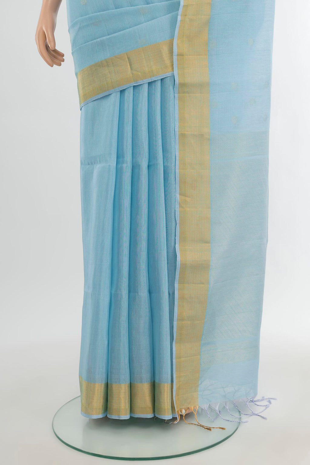 Pleats and pallu of Sky Blue Soft Silk Saree with Zari Butta on the body and Zari Border. 