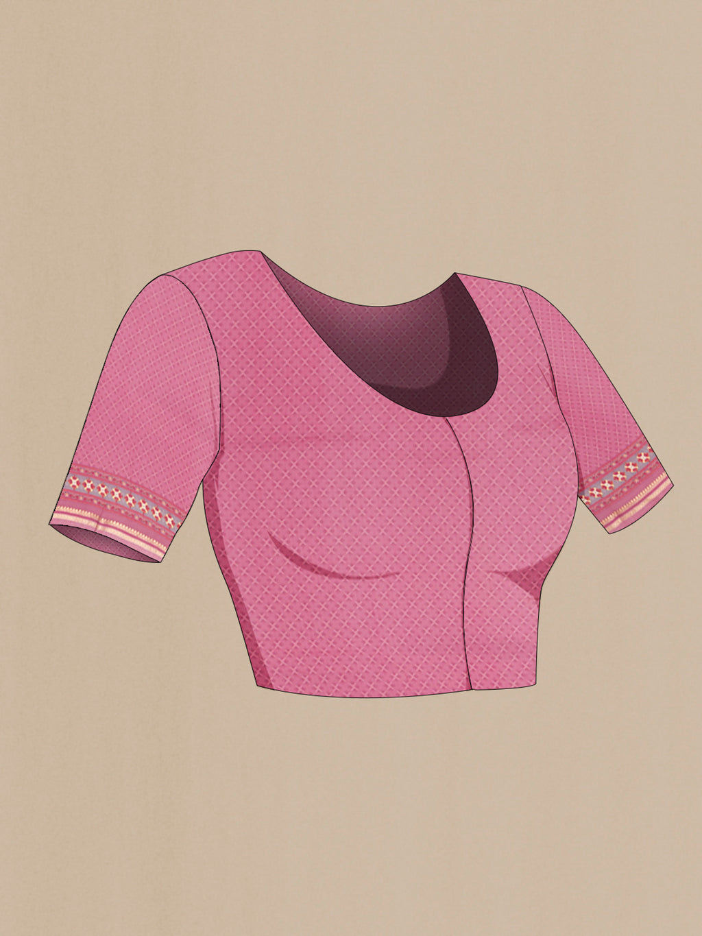 Close up image of the blouse of Pink Chanderi Silk Cotton Saree with Printed design on the body and Zari Border. 