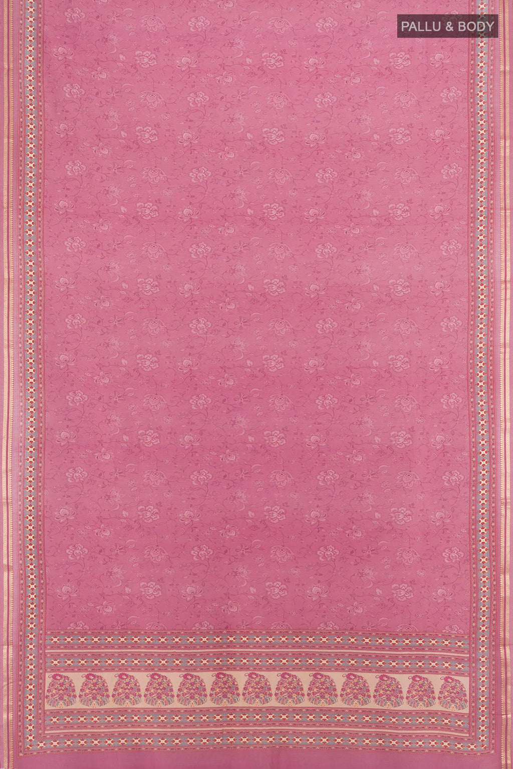 Flat view of Pink Chanderi Silk Cotton Saree with Printed design on the body and Zari Border. 
