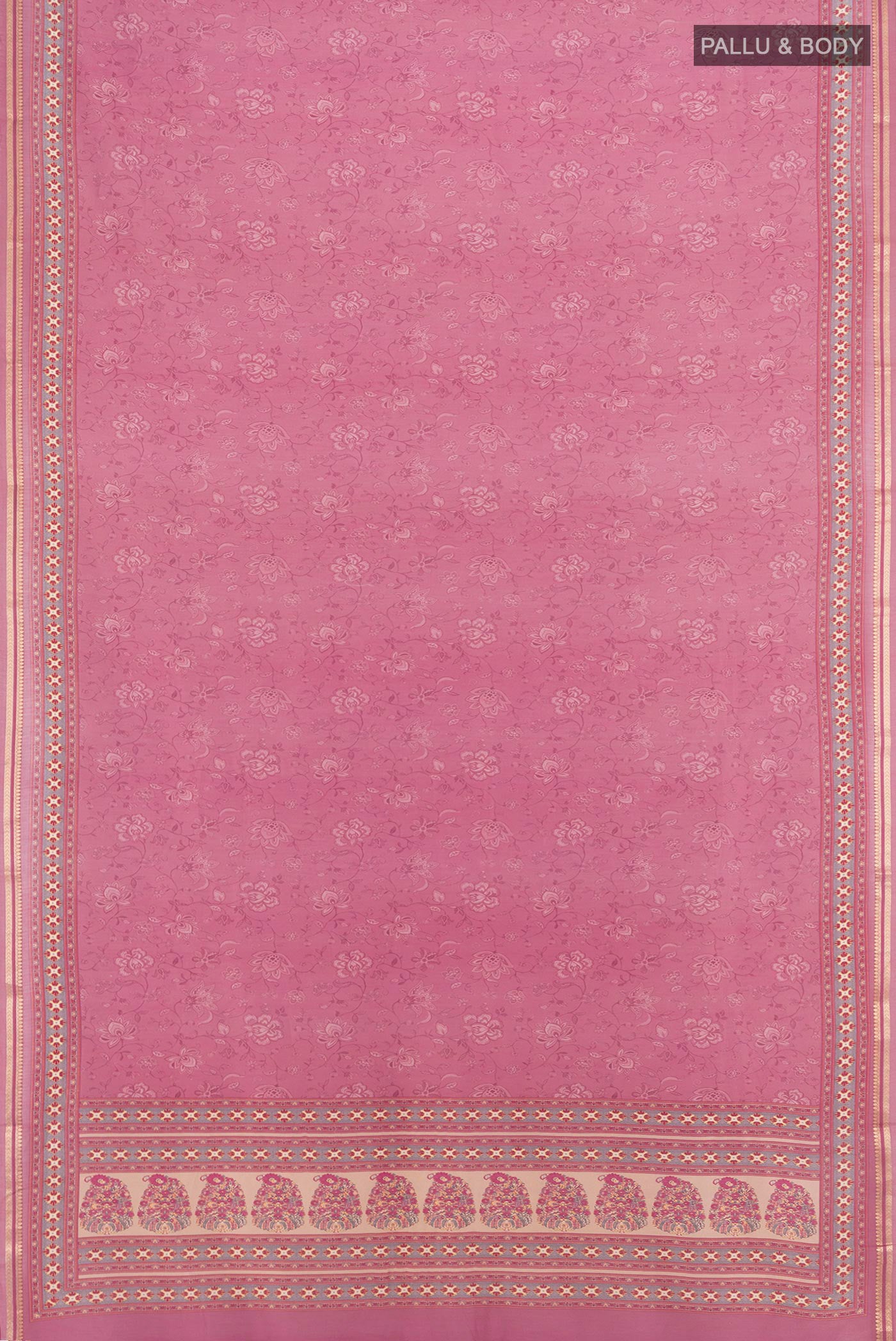 Flat view of Pink Chanderi Silk Cotton Saree with Printed design on the body and Zari Border. 