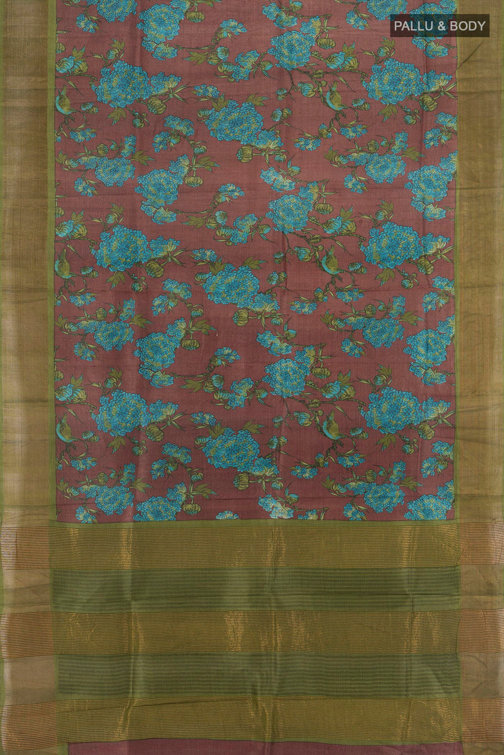 Flat view of Brown Tussar Silk Saree with Floral Print on the body and Zari Border. 