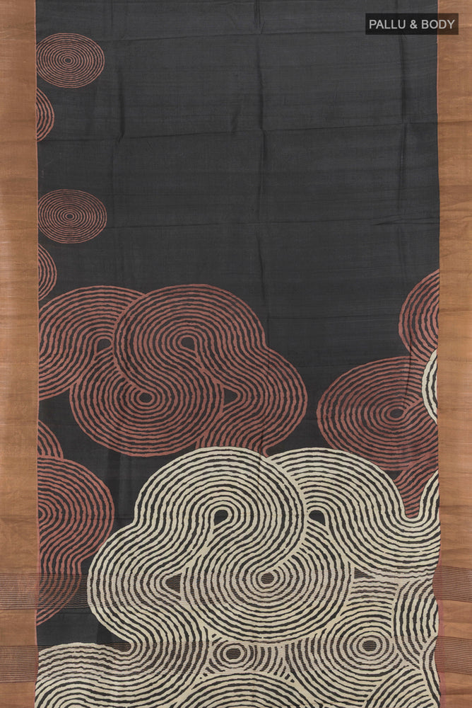 Flat view of Pure Silk Pure Zari Multi Color Tussar Saree with Floral Print on the body and Silk Border. 