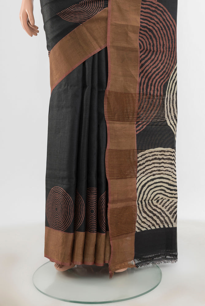 Pleats and pallu of Pure Silk Pure Zari Multi Color Tussar Saree with Floral Print on the body and Silk Border. 