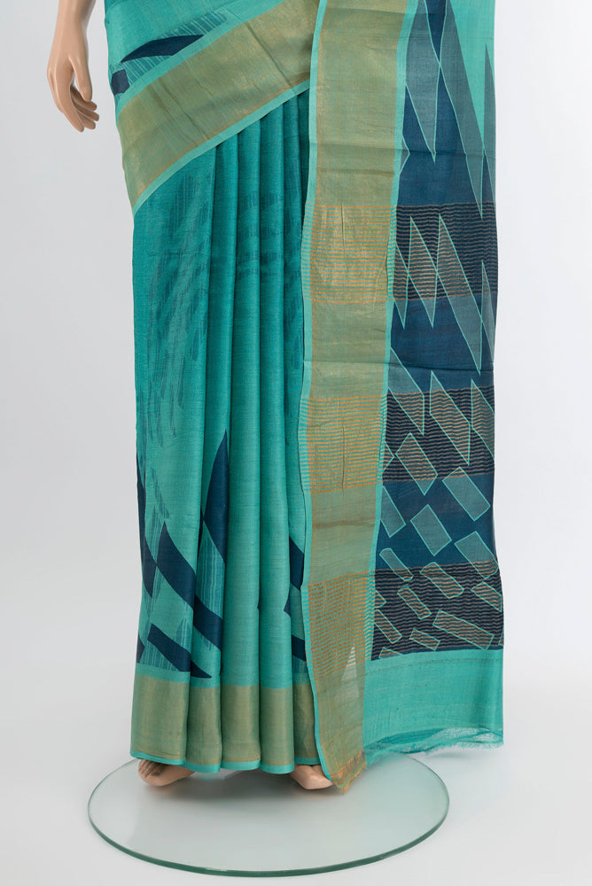 Pleats and pallu of Multi Color Tussar Silk Saree with Floral Print on the body and Silk Border. 