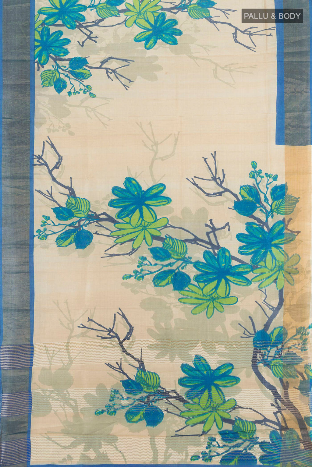 Flat view of Beige Tussar Silk Saree with Floral Print on the body and Zari Border. 