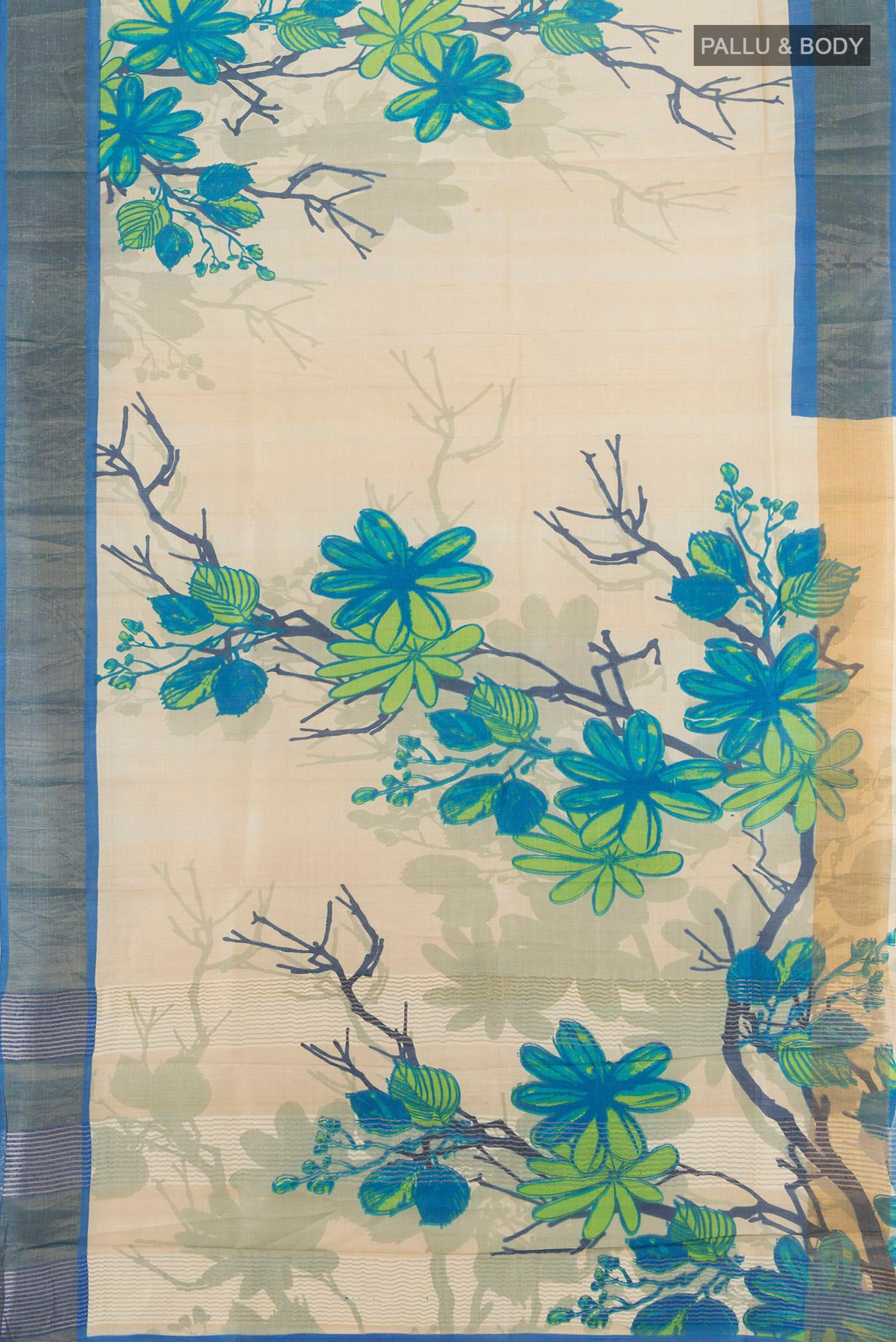 Flat view of Beige Tussar Silk Saree with Floral Print on the body and Zari Border. 