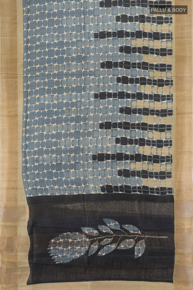 Multi Color Tussar Silk Saree with Floral Print on the body and Silk Border.  displayed on a mannequin