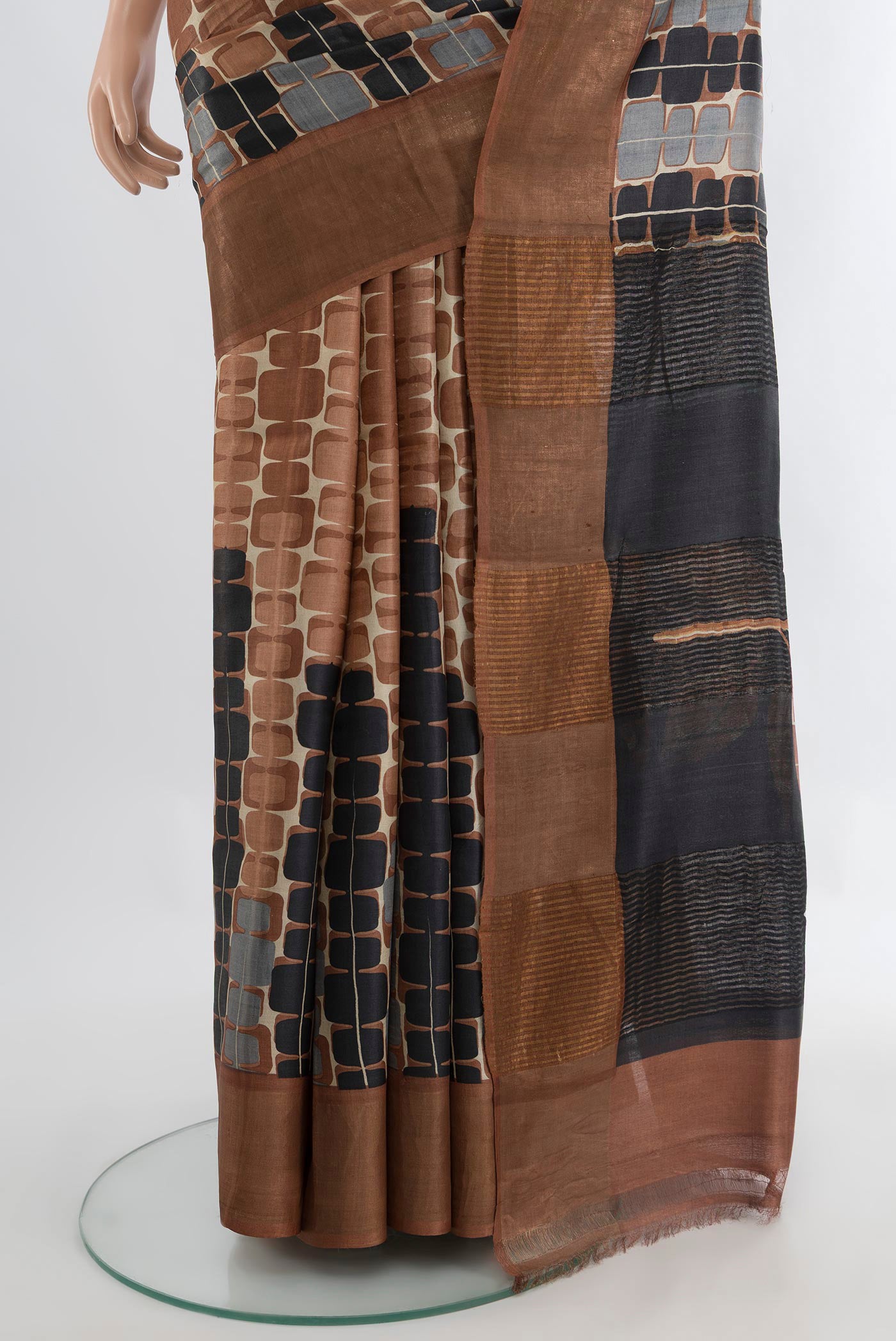 Pleats and pallu of Multi Color Tussar Silk Saree with Floral Print on the body and Silk Border. 