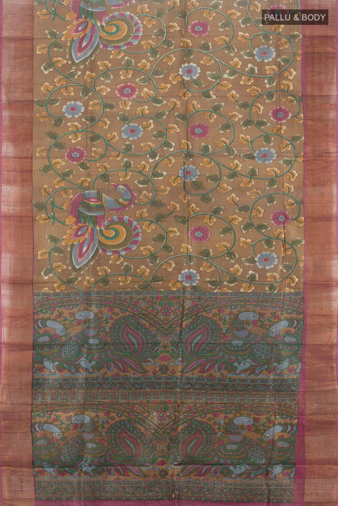 Flat view of Pure Silk Pure Zari Multi Color Tussar Saree with Floral Print on the body and Silk Border. 