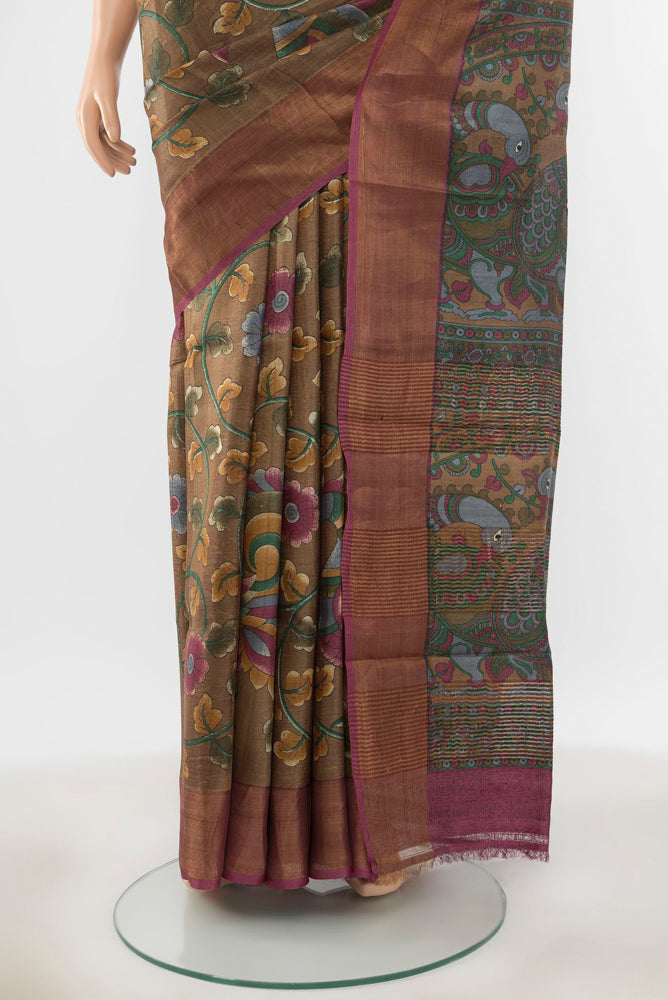 Pleats and pallu of Pure Silk Pure Zari Multi Color Tussar Saree with Floral Print on the body and Silk Border. 
