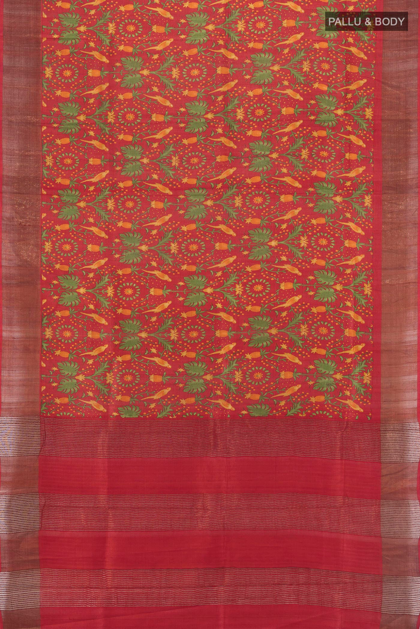 Flat view of Red Tussar Silk Saree with Floral Print on the body and Zari Border. 