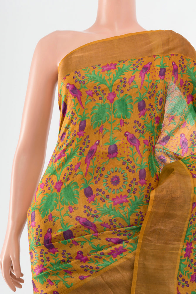 Border image of Pure Silk Pure Zari Multi Color Tussar Saree with Floral Print on the body and Silk Border. 
