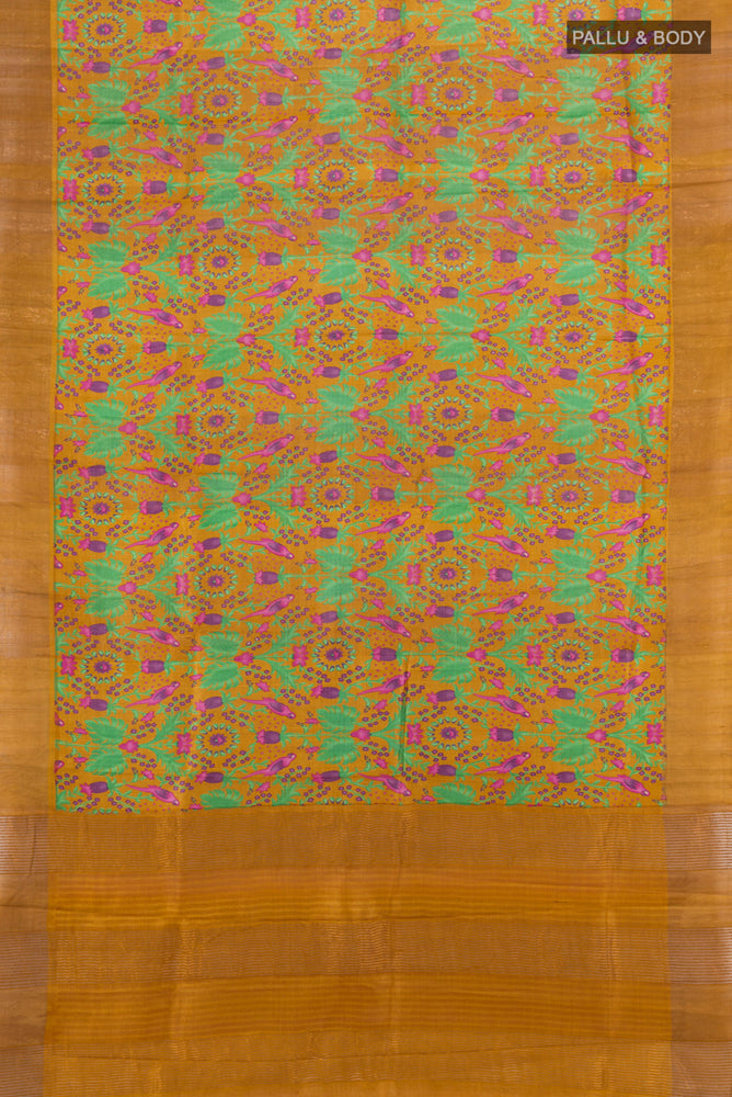 Flat view of Pure Silk Pure Zari Multi Color Tussar Saree with Floral Print on the body and Silk Border. 