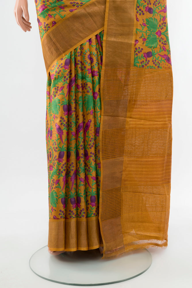 Pleats and pallu of Pure Silk Pure Zari Multi Color Tussar Saree with Floral Print on the body and Silk Border. 