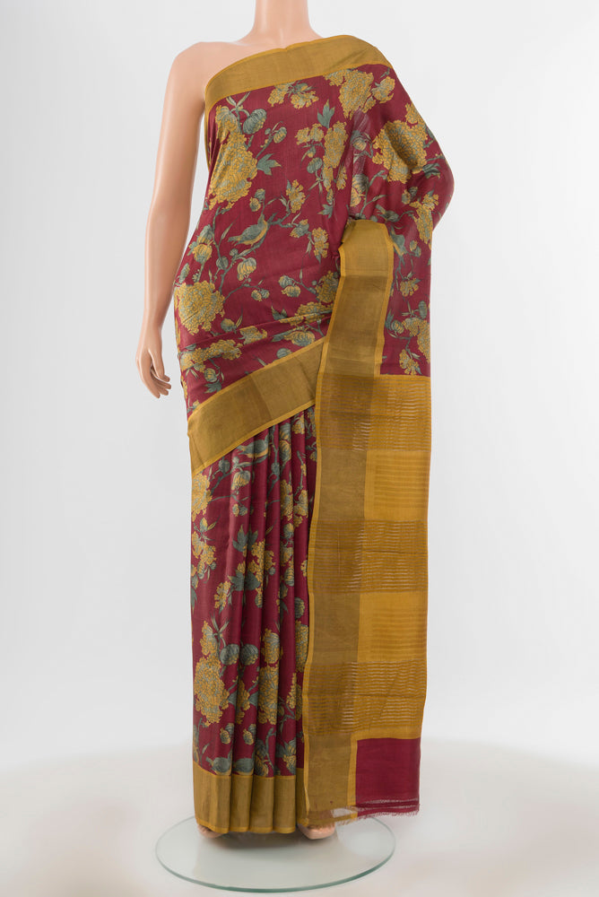 Pure Silk Pure Zari Multi Color Tussar Saree with Floral Print on the body and Silk Border.  displayed on a mannequin
