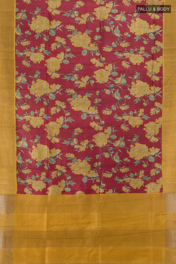 Flat view of Pure Silk Pure Zari Multi Color Tussar Saree with Floral Print on the body and Silk Border. 