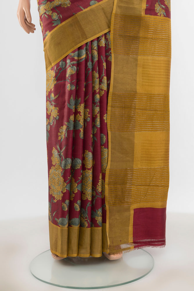 Pleats and pallu of Pure Silk Pure Zari Multi Color Tussar Saree with Floral Print on the body and Silk Border. 