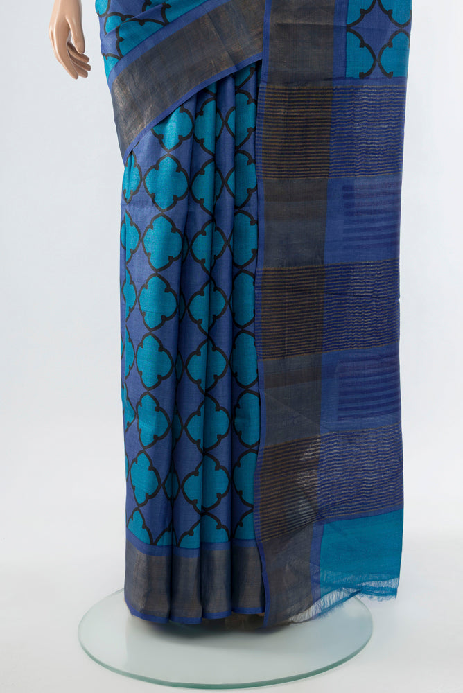Pleats and pallu of Pure Silk Pure Zari Multi Color Tussar Saree with Floral Print on the body and Silk Border. 