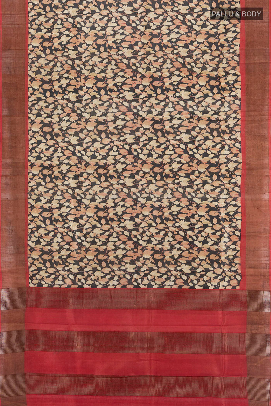 Flat view of Black Tussar Silk Saree with Floral Print on the body and Zari Border. 