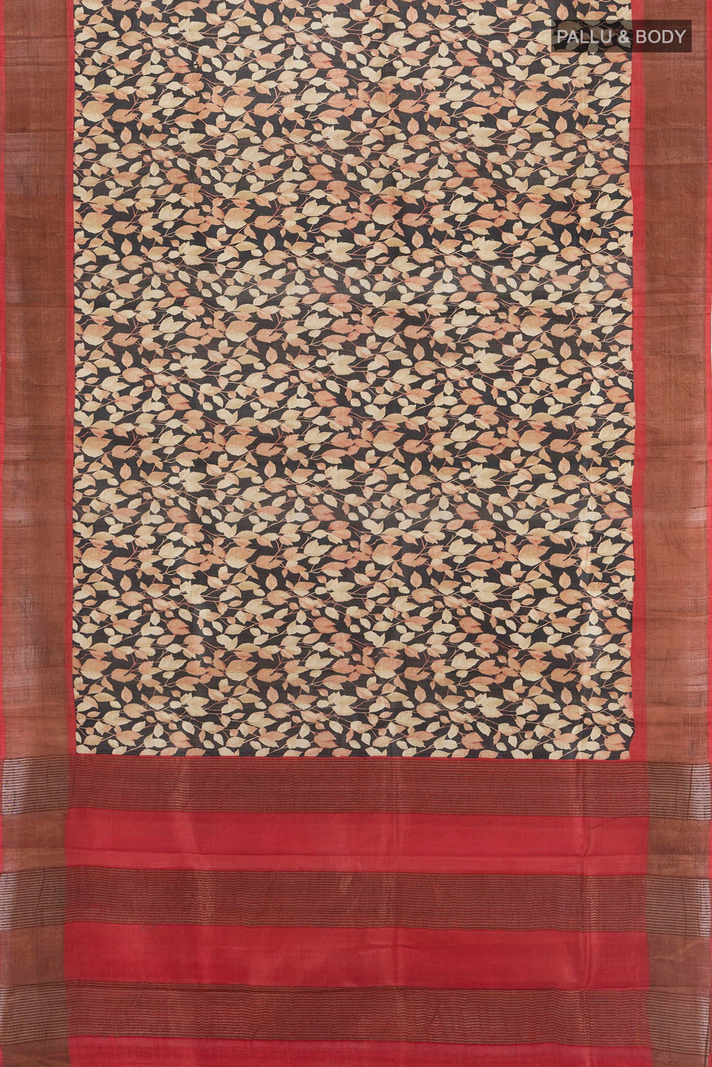 Flat view of Black Tussar Silk Saree with Floral Print on the body and Zari Border. 