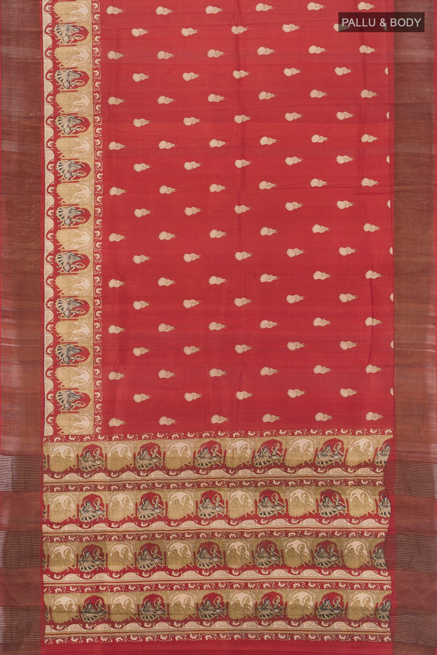 Flat view of Red Tussar Silk Saree with Floral Print on the body and Zari Border. 
