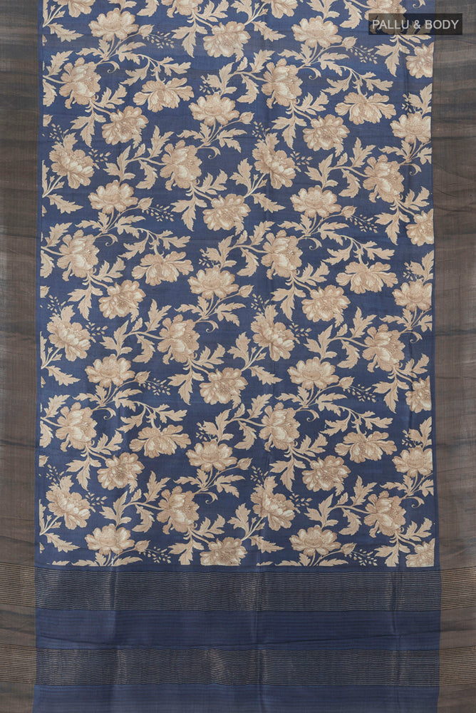 Flat view of Pure Silk Pure Zari Multi Color Tussar Saree with Floral Print on the body and Silk Border. 