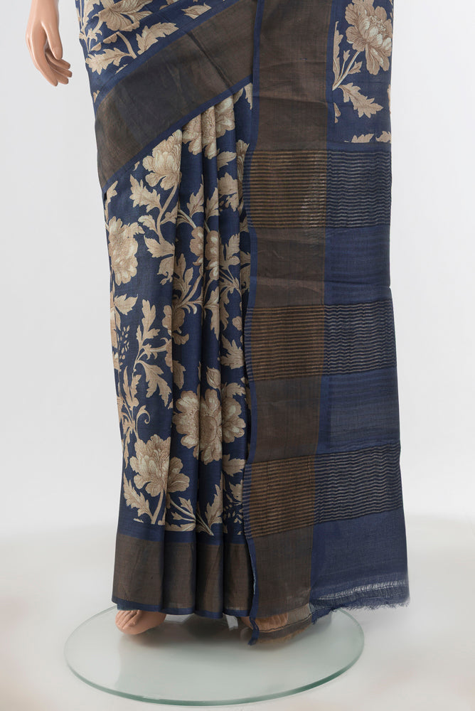 Pleats and pallu of Pure Silk Pure Zari Multi Color Tussar Saree with Floral Print on the body and Silk Border. 