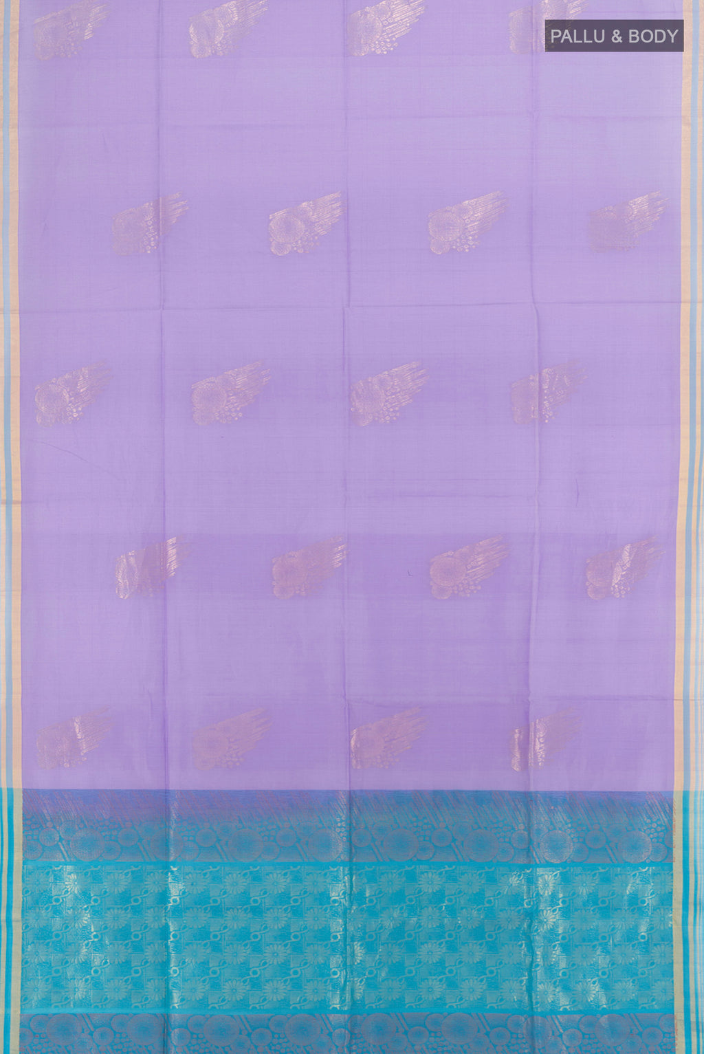 Flat view of Lavender Silk Cotton Saree with Zari Butta on the body and Zari Border. 
