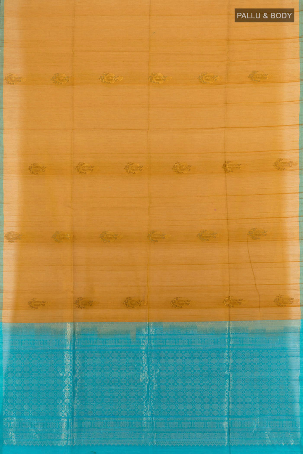 Flat view of Mustard Silk Cotton Saree with Zari Butta on the body and Without Border. 