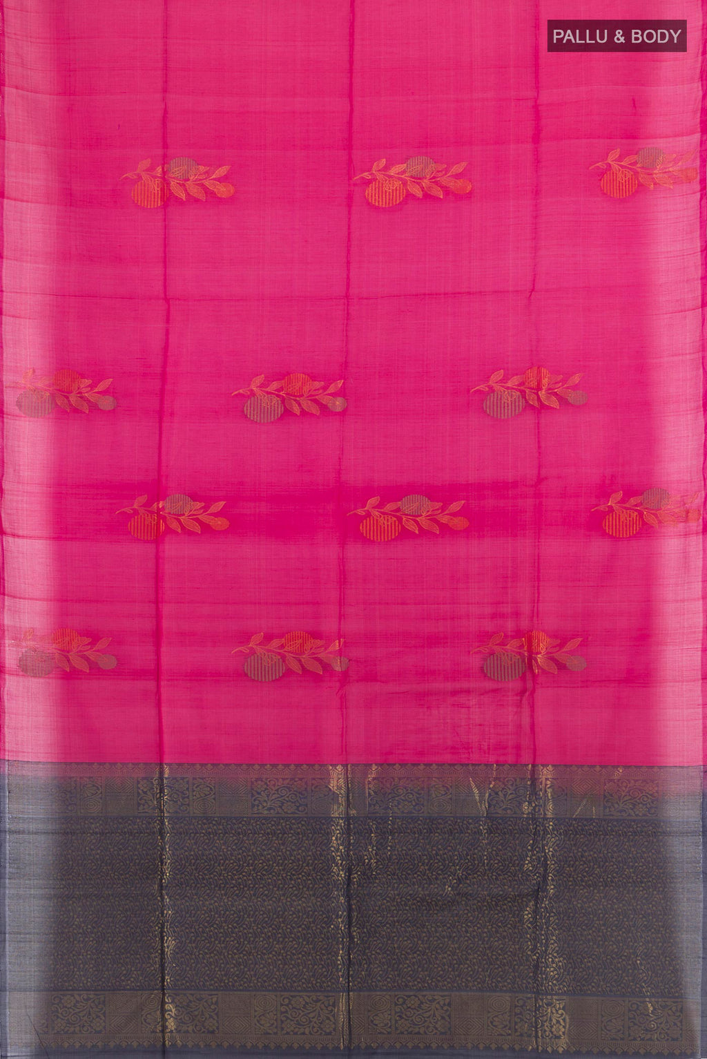 Flat view of Dark Pink Silk Cotton Saree with Zari Butta on the body and Without Border. 
