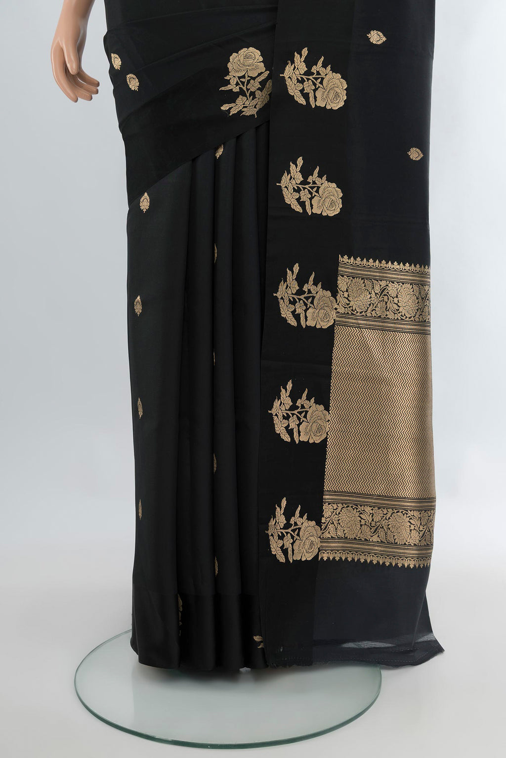 Pleats and pallu of Black Banarasi Katan Silk Saree with Zari Butta on the body and Fancy Border. 