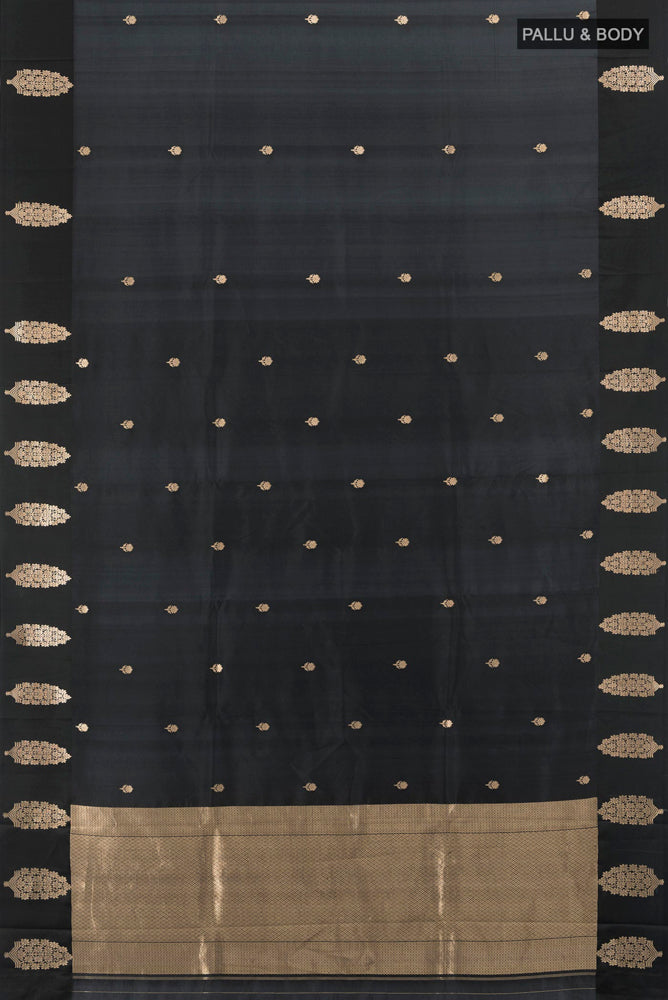 Flat view of Black Banarasi Katan Silk Saree with Zari Butta on the body and Silk Border. 