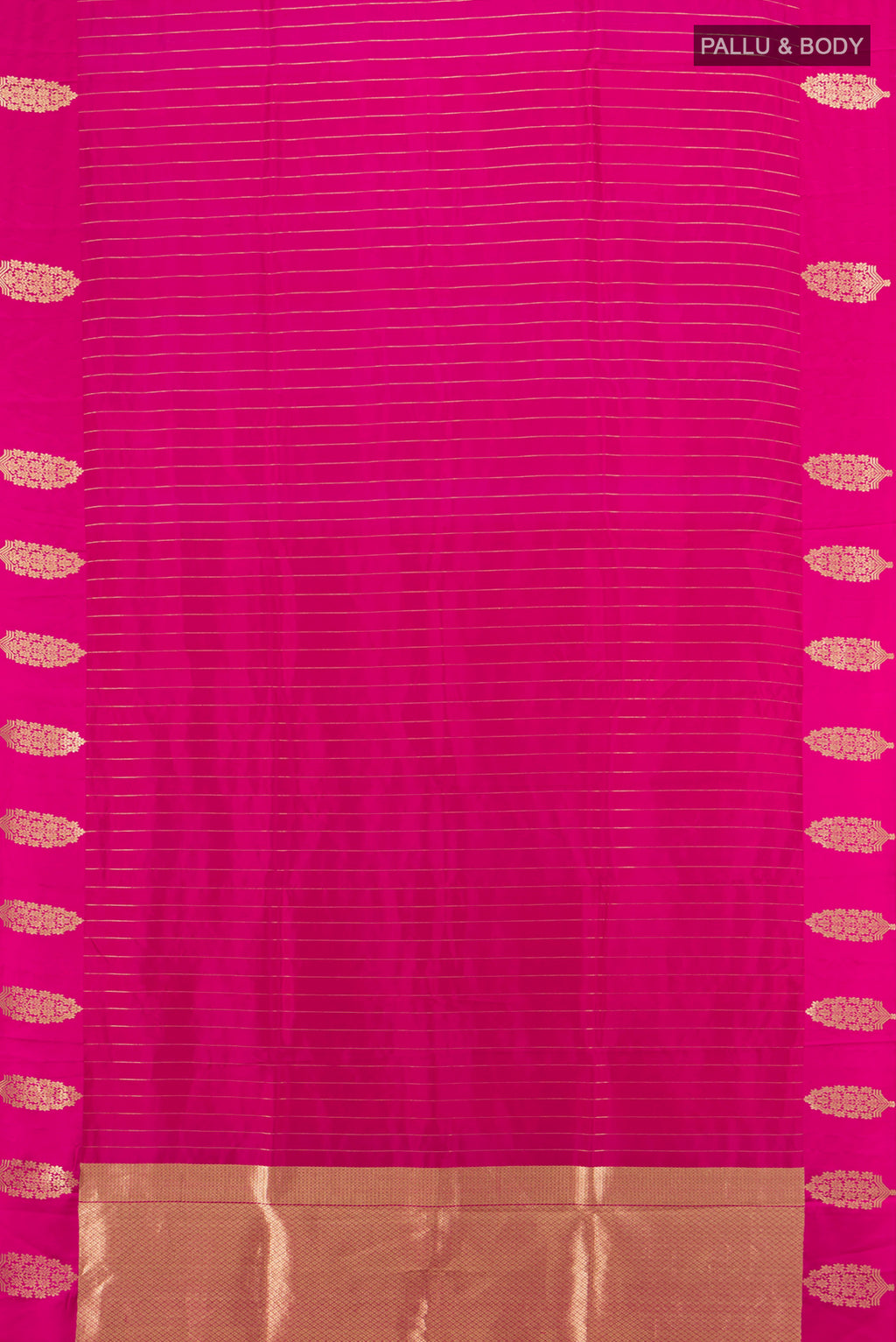 Flat view of Rani Pink Banarasi Katan Silk Saree with Stripes on the body and Satin Border. 