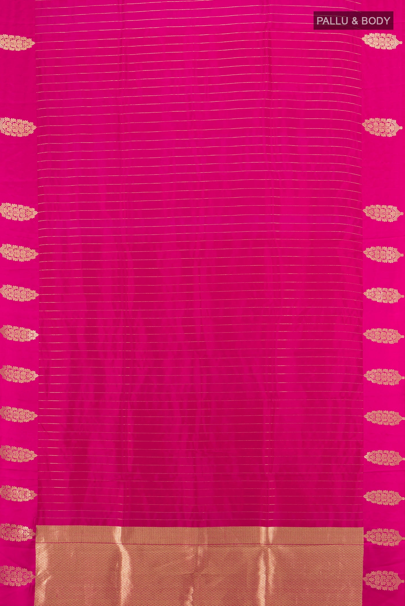 Flat view of Rani Pink Banarasi Katan Silk Saree with Stripes on the body and Satin Border. 