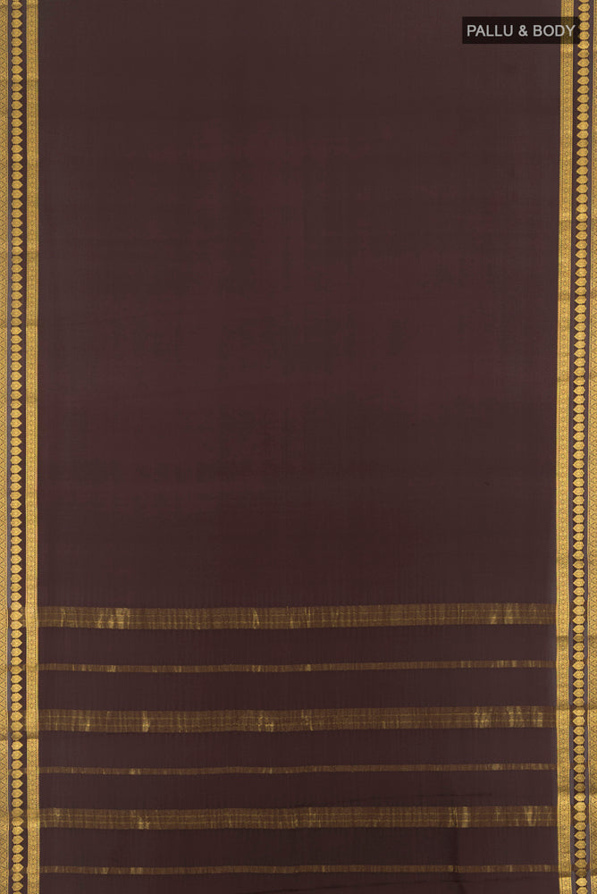Flat view of Coffee Brown Mysore Crepe Saree with Plain Body and Silk Border. 