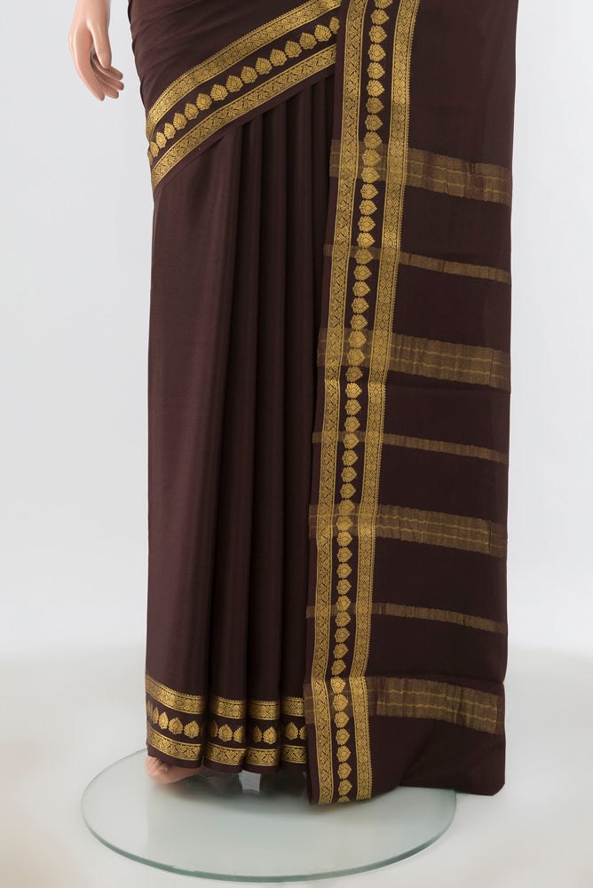 Pleats and pallu of Coffee Brown Mysore Crepe Saree with Plain Body and Silk Border. 