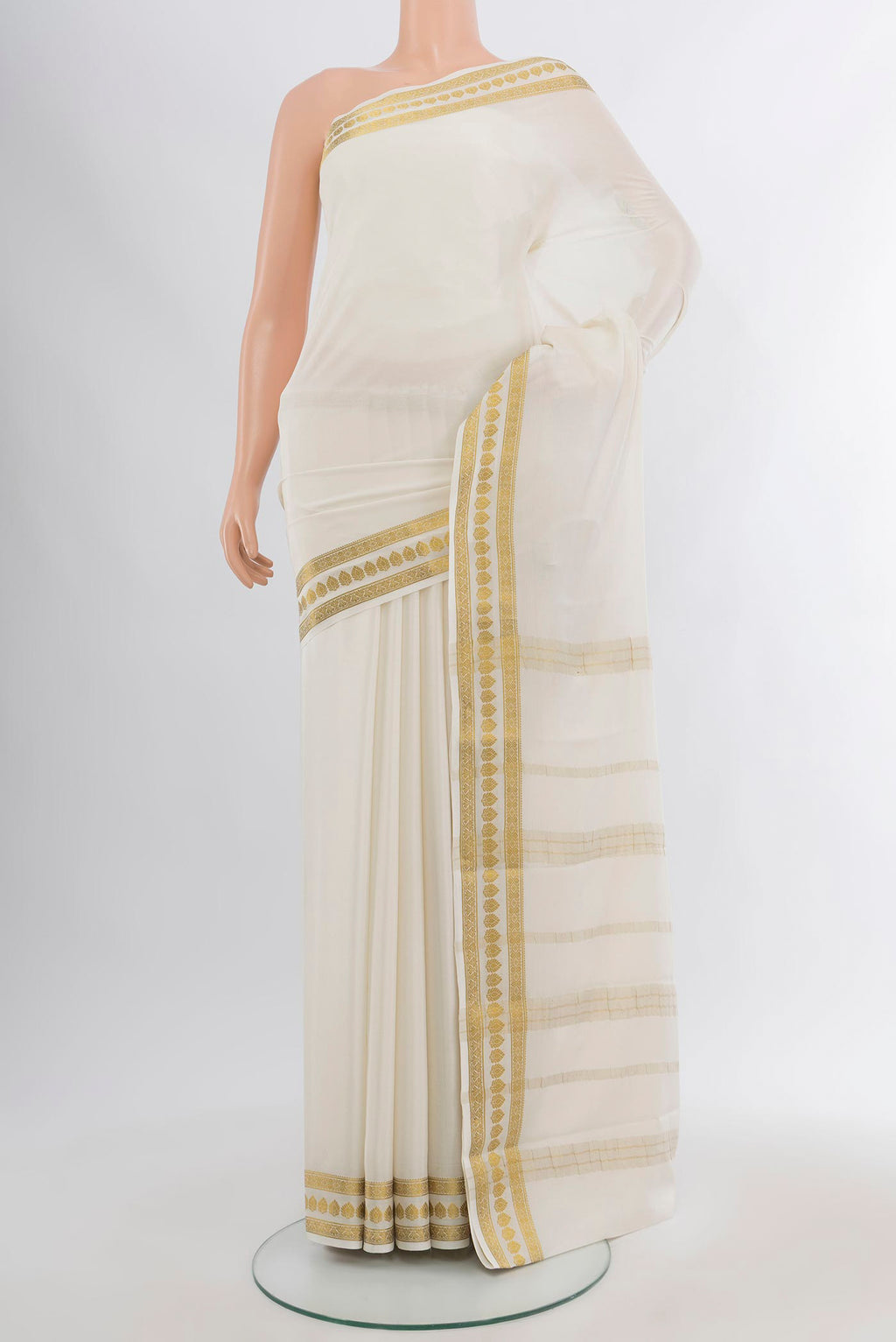 White Mysore Crepe Saree with Plain Body and Zari Border.  displayed on a mannequin