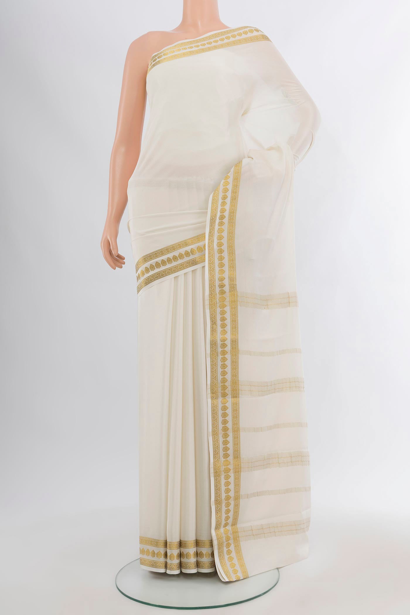 White Mysore Crepe Saree with Plain Body and Zari Border.  displayed on a mannequin