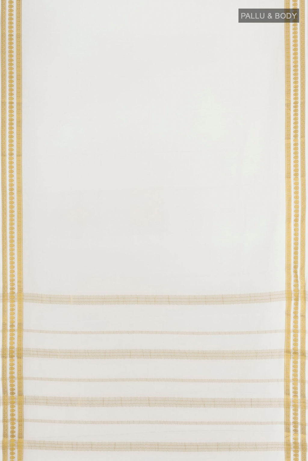 Flat view of White Mysore Crepe Saree with Plain Body and Zari Border. 