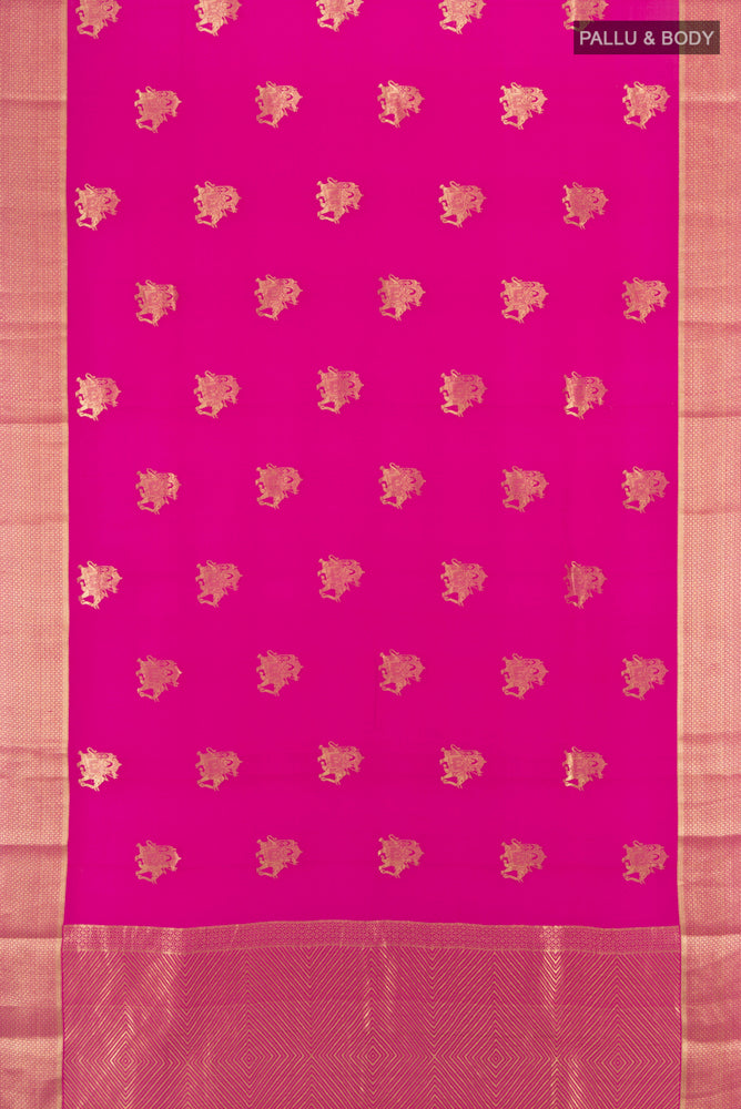 Flat view of Magenta Mysore Crepe Saree with Plain Body and Silk Border. 