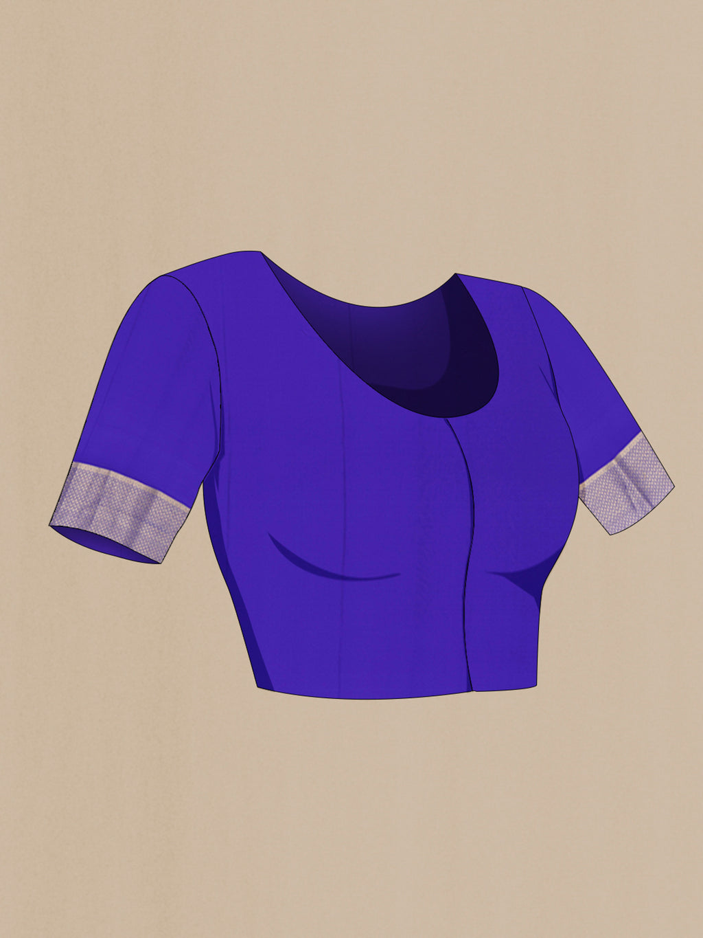 Close up image of the blouse of Royal Blue Mysore Crepe Saree with Zari Butta on the body and Zari Border. 