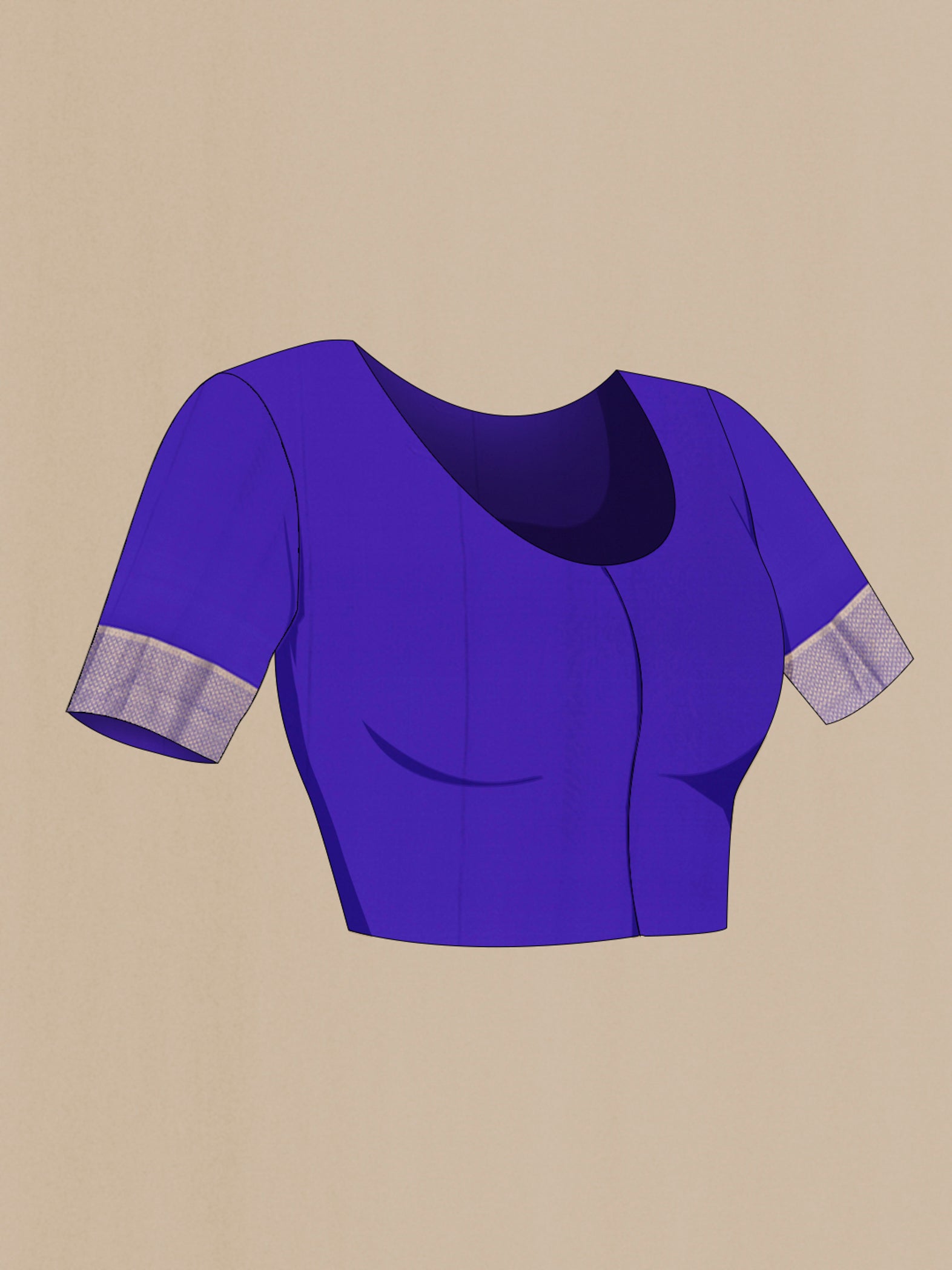 Close up image of the blouse of Royal Blue Mysore Crepe Saree with Zari Butta on the body and Zari Border. 