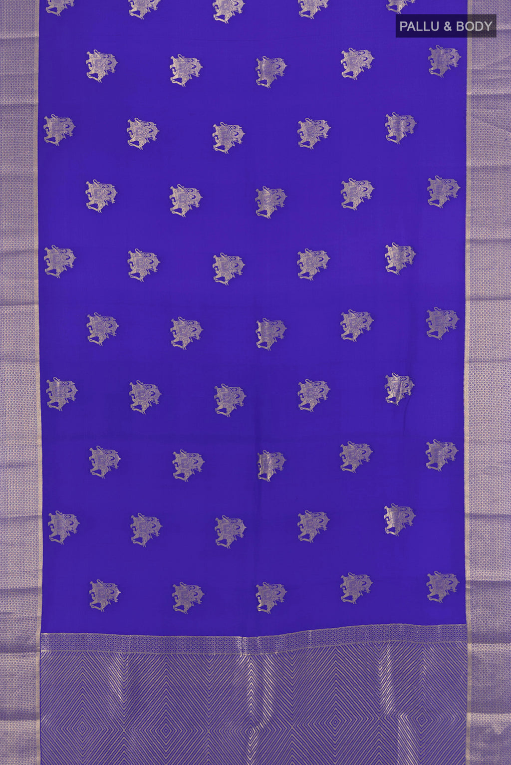 Flat view of Royal Blue Mysore Crepe Saree with Zari Butta on the body and Zari Border. 
