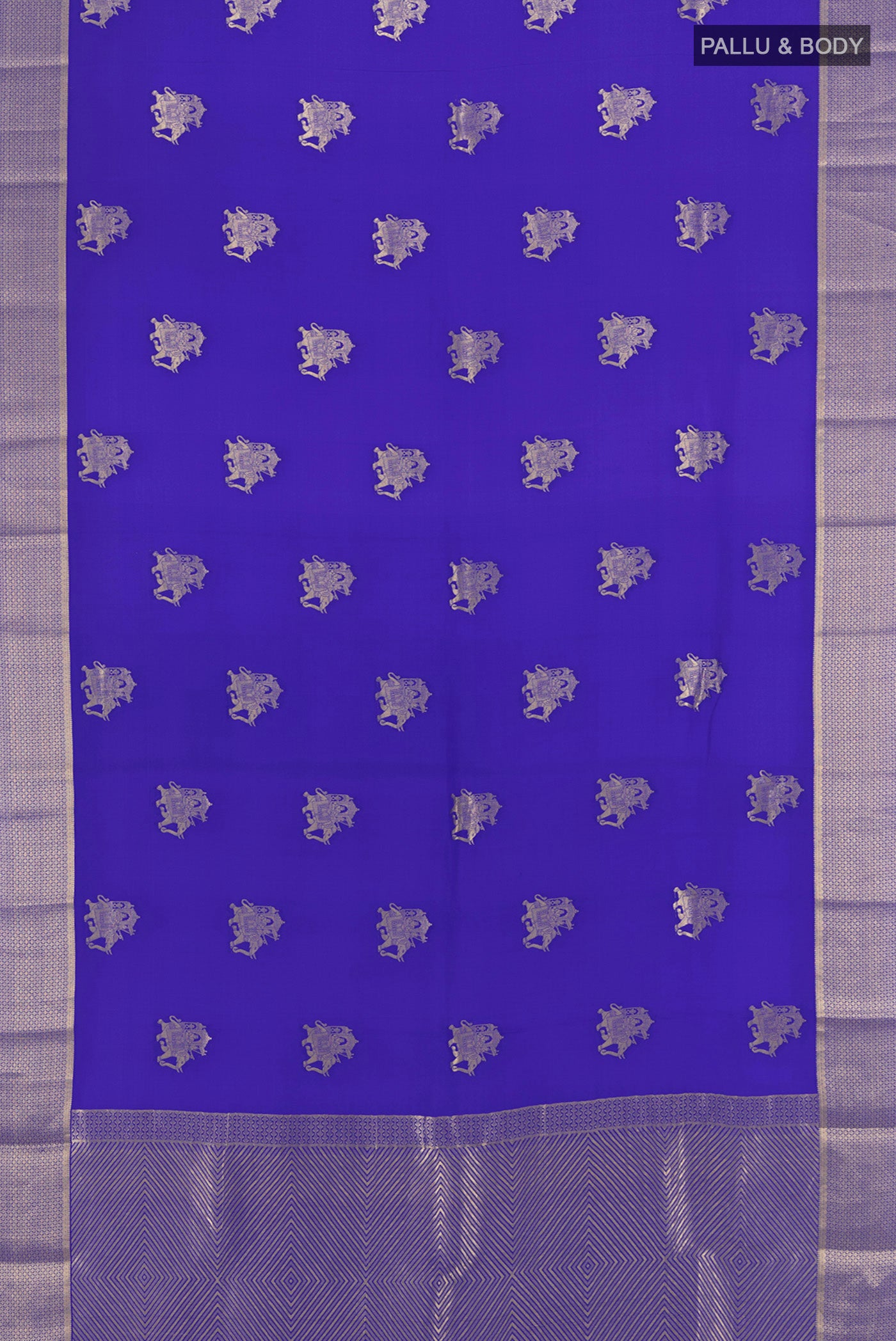 Flat view of Royal Blue Mysore Crepe Saree with Zari Butta on the body and Zari Border. 