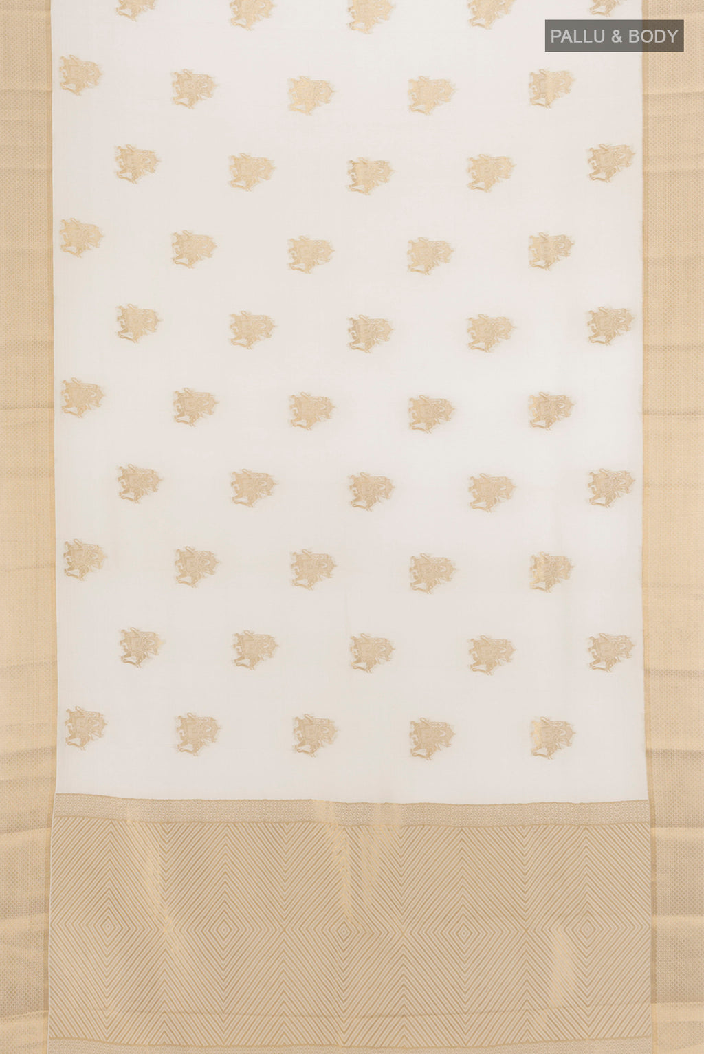 Flat view of Off White Mysore Crepe Saree with Zari Butta on the body and Zari Border. 