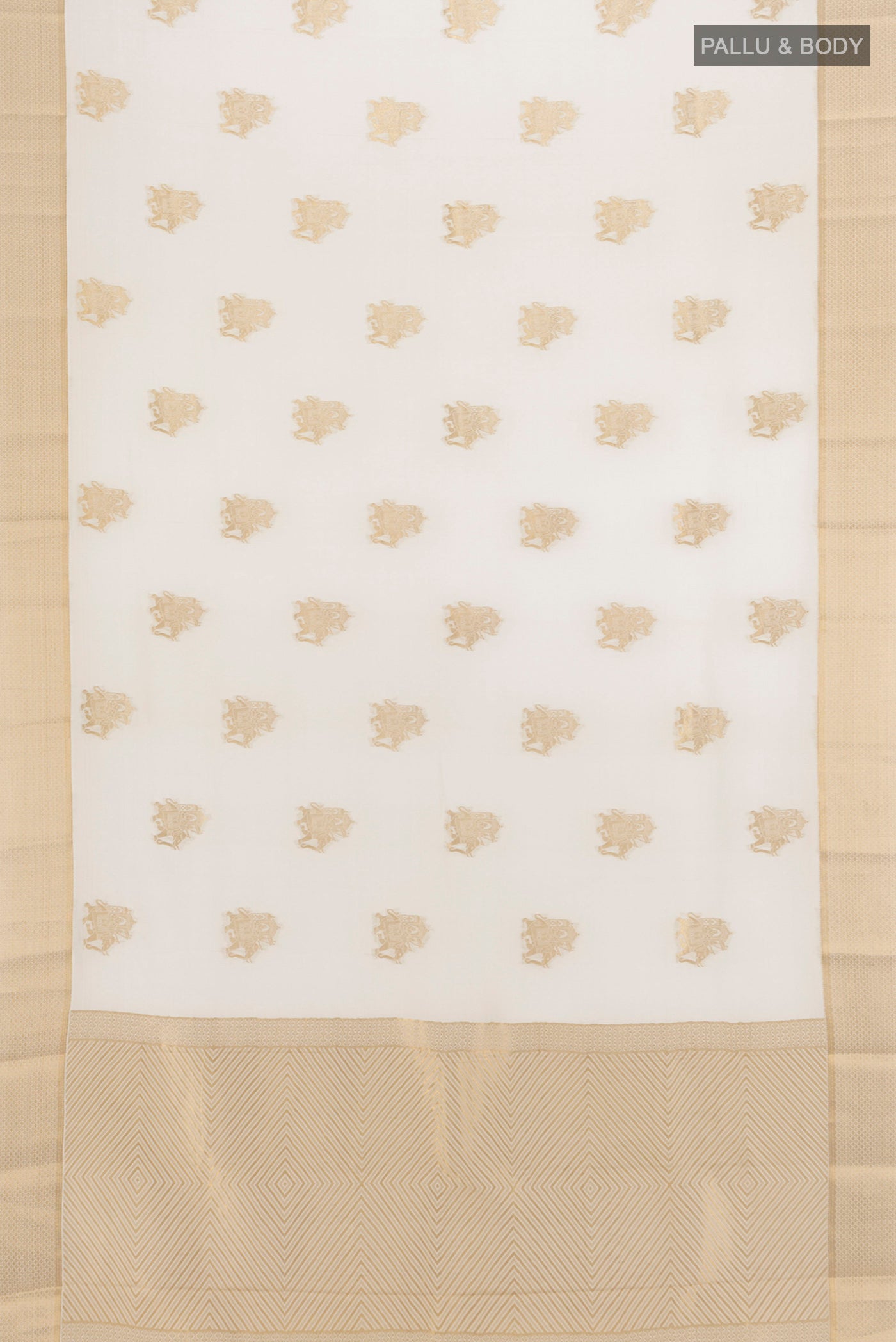 Flat view of Off White Mysore Crepe Saree with Zari Butta on the body and Zari Border. 