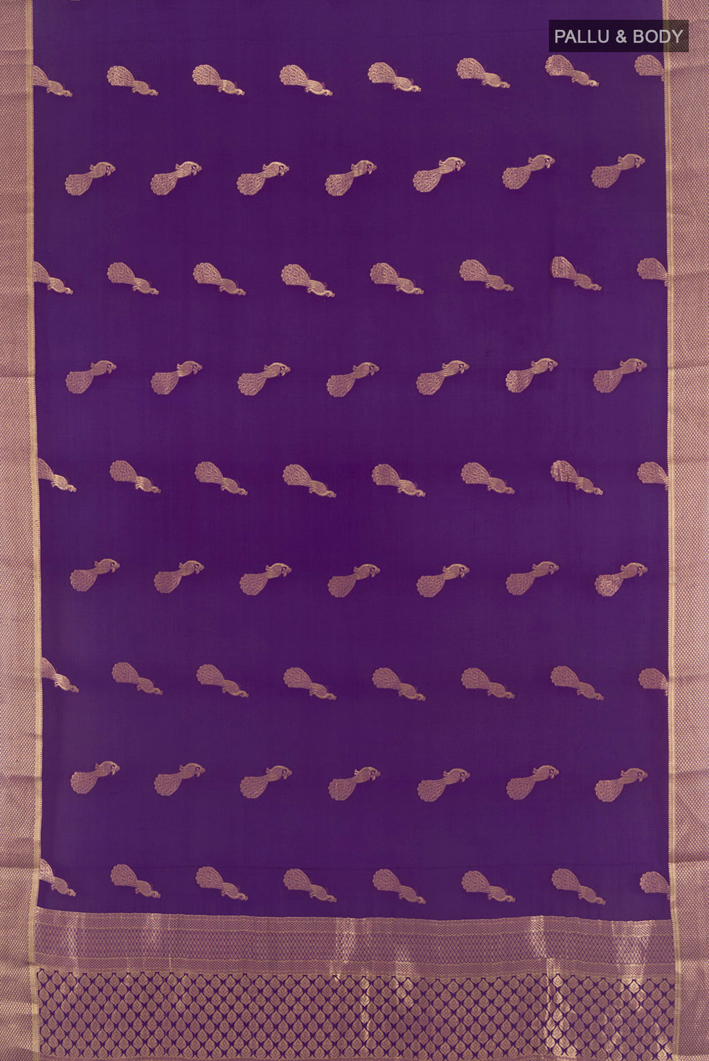 Flat view of Violet Mysore Crepe Saree with Zari Butta on the body and Zari Border. 